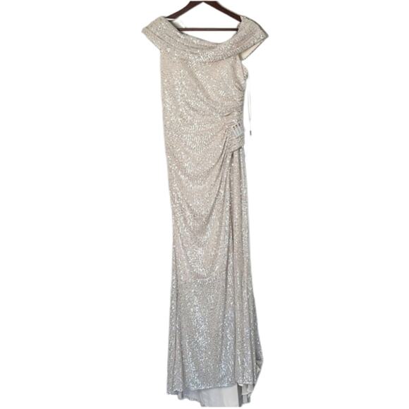 NWT Mac Duggal Beige Sequin Off Drop Shoulder Maxi Sheath Gown Sz 10 - Picture 7 of 11